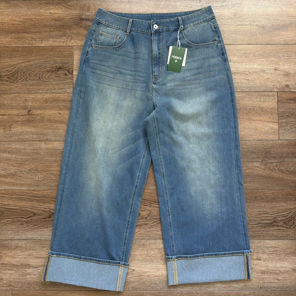 Halara Flex Rolled Hem Wide Leg Jeans Size XL High Waisted Pockets Stretch NEW
